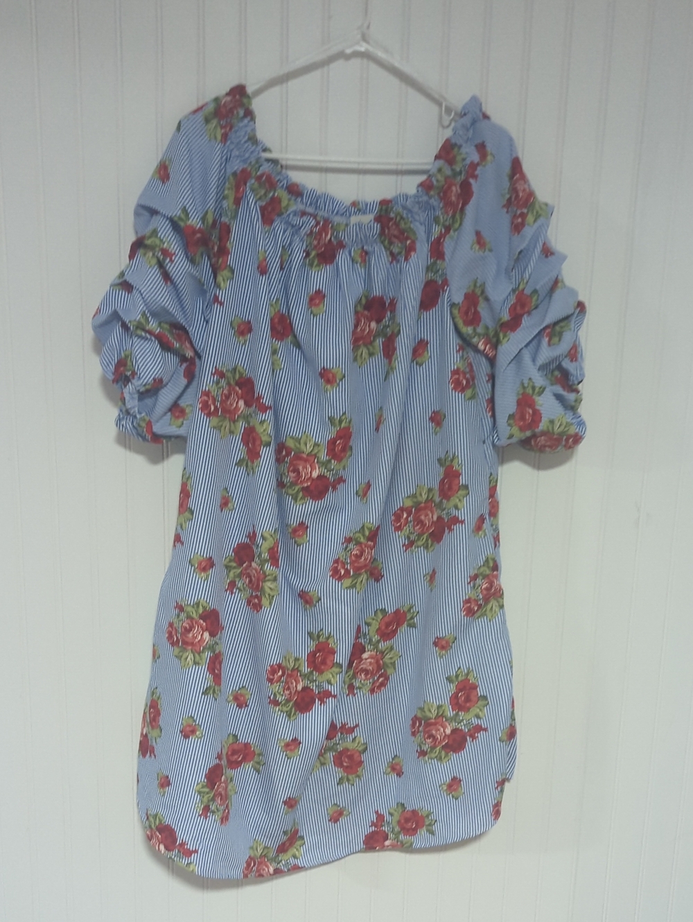 love J Blue Striped Midi Dress with Red Rose Print